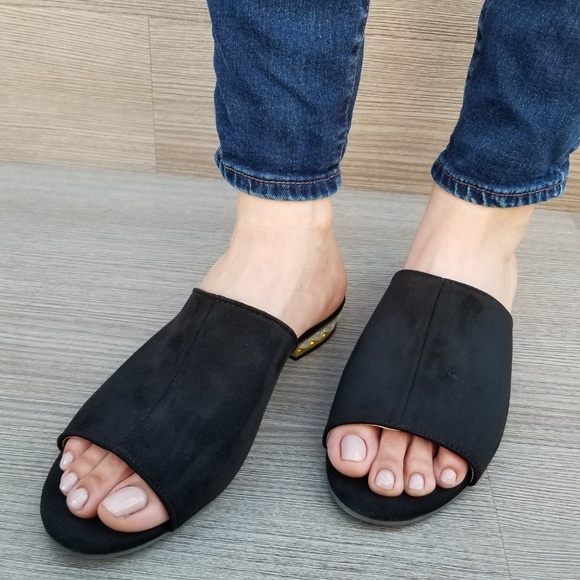 Black Vegan Suede Loafer Open Toe Sandal Pearl - Picture 7 of 8